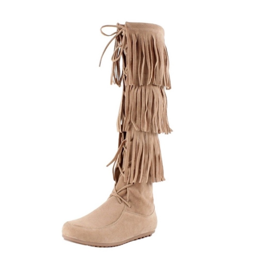 New tan bohemian style suede fringe moccasins 3 layer lace up knee-high boots